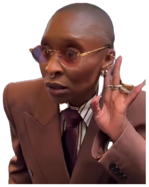 Bald woman in a brown suit raising one hand with a skeptical unimpressed sideways look sticker