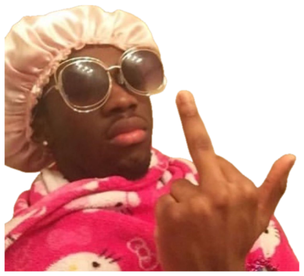 Man in a bonnet, huge sunglasses and Hello Kitty robe throwing up both middle fingers sticker