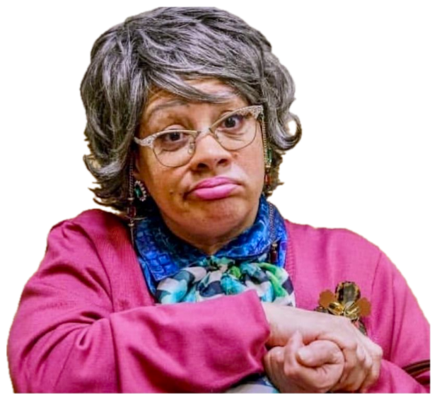 Older woman in a pink cardigan with pursed lips and arms crossed, thoroughly unimpressed sticker