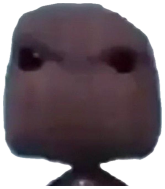 Sackboy staring dead ahead with tiny dark eyes on a flat beige face sticker