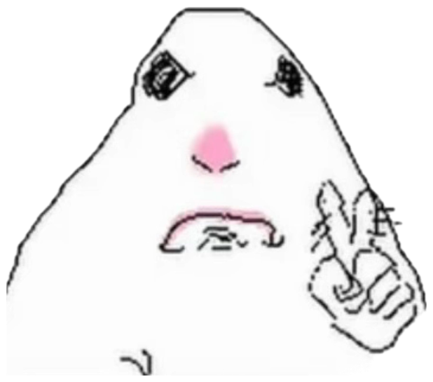 White blob doodle grimacing while making a hesitant little pointing gesture sticker