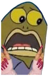 SpongeBob fish character screaming with mouth wide open, red-nailed hands framing face sticker
