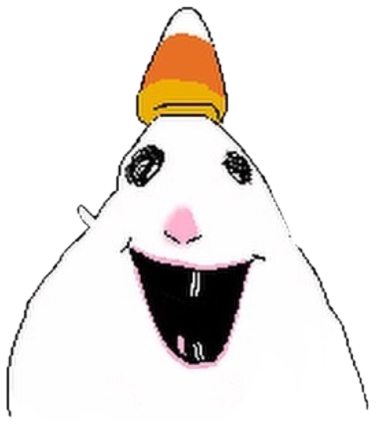 White blob doodle in a candy corn hat grinning among floating Halloween candy sticker