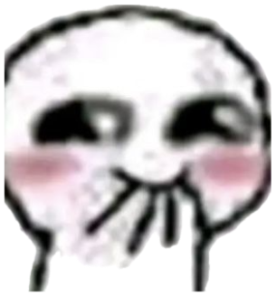 Blurry hand-drawn cartoon face with hollow eyes, rosy cheeks, and a shy hand-over-mouth gesture sticker