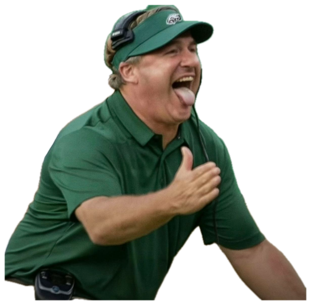 Football coach in a green polo screaming with his tongue out and fist to his chest in intense sideline hype sticker