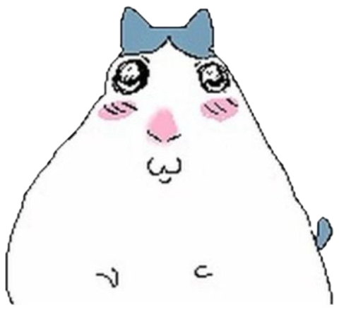 Round white blob cat with a blue bow, blushing with a shy pursed mouth sticker