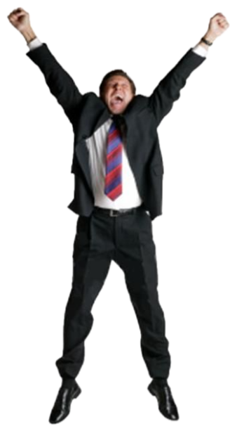 Man in a suit jumping in the air with fists raised and mouth open in triumph sticker