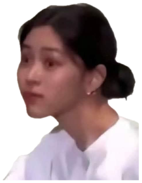 Young woman being pointed at, staring off with a startled, bewildered expression sticker