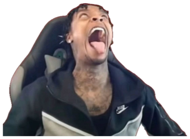 Man in a gaming chair throwing his head back laughing with mouth wide open against a red background sticker