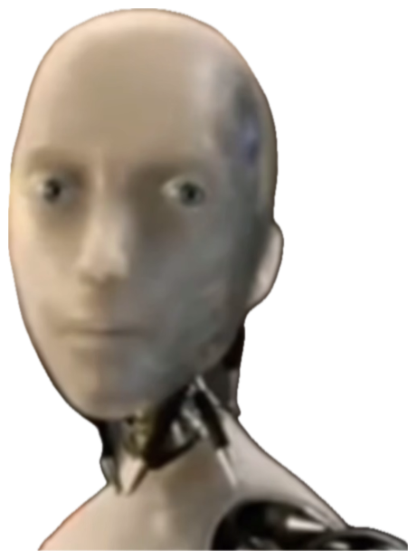Humanoid robot from iRobot staring forward with an unsettlingly blank, emotionless face sticker