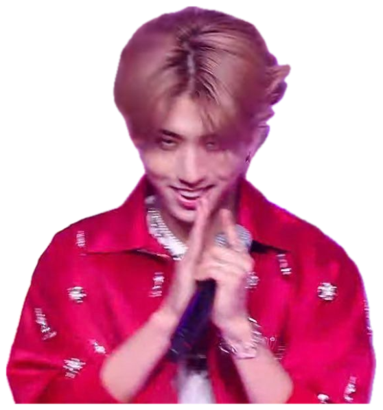 K-pop idol in a red shirt on stage, hands clasped with a shy grinning look sticker