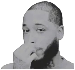 Man in black and white resting his hand on his chin with a skeptical side glance sticker