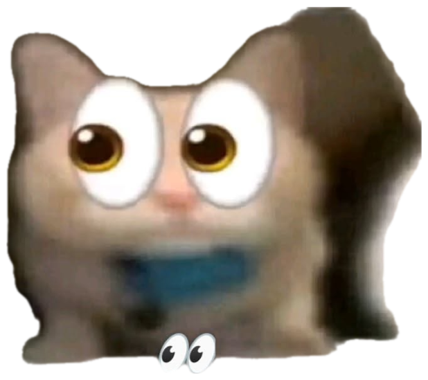 Fluffy cat with cartoon googly eyes wearing an awkward, nervous half-smile sticker