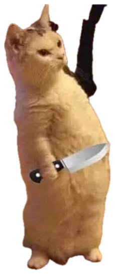 Cream-colored cat standing upright on hind legs holding a photoshopped knife with a menacing stare sticker