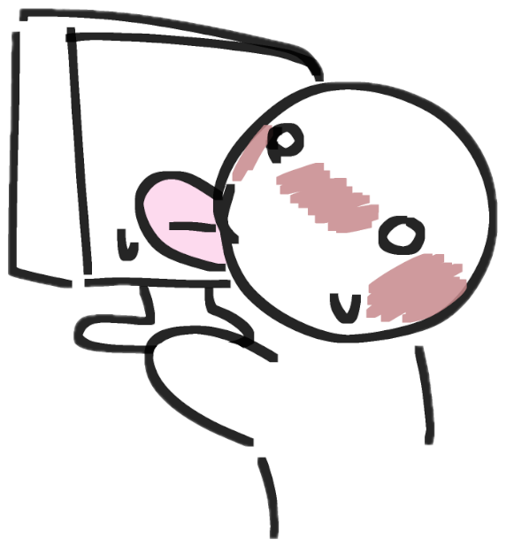 Chibi-style cartoon character pressing its face eagerly against a computer screen sticker