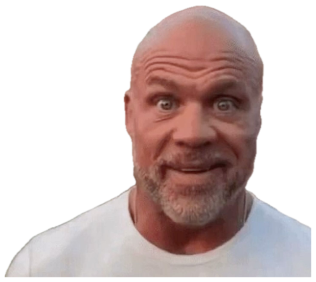 Bald man outside a brick house with wide, startled eyes and a stiff pursed smile sticker