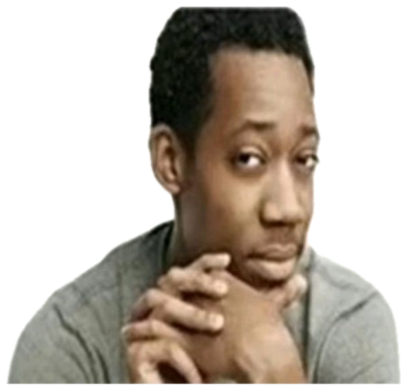 Man resting chin on clasped hands with a skeptical stare captioned 'are we deadass' sticker