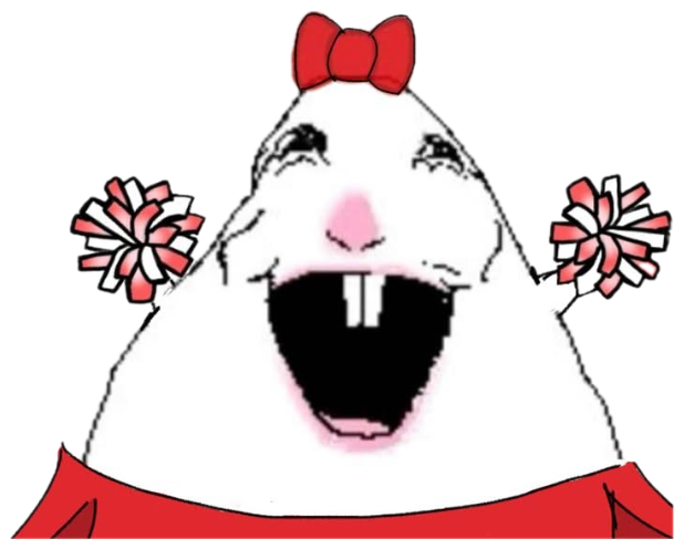 Crying blob cheerleader with pom-poms and a red bow, screaming with joy sticker