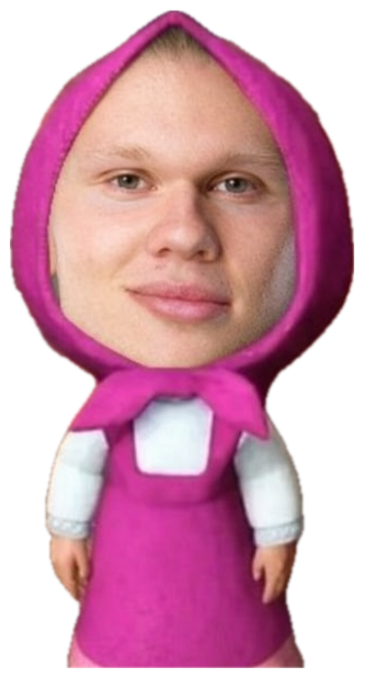 A man's deadpan face swapped onto the Masha cartoon doll in a pink outfit sticker
