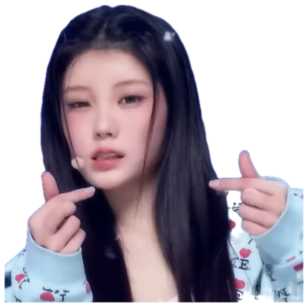 K-pop idol on stage throwing lazy finger hearts with a completely blank face sticker