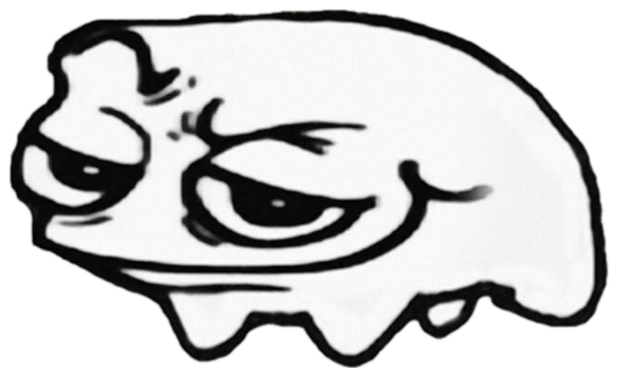Sketchy troll-face blob with heavy-lidded eyes giving a smug scheming look sticker