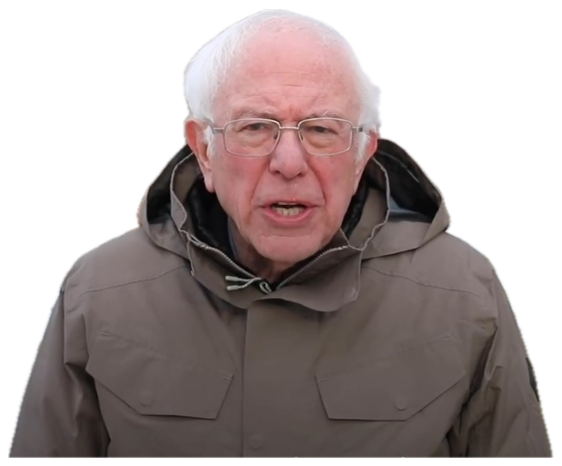 Bernie Sanders in a winter parka mid-sentence, looking a little exasperated outdoors sticker