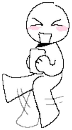 Crude stick-figure doodle laughing smugly while pointing, cheeks blushing sticker