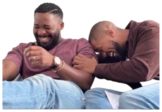Two men cracking up together on a couch, one doubled over laughing sticker
