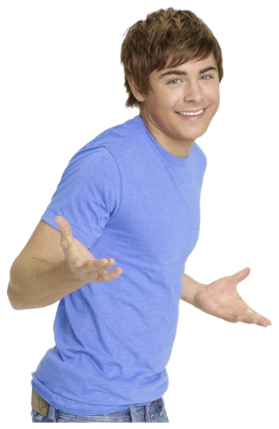 Young man in a blue tee grinning with both hands thrown out in a cheeky 'ta-da' pose sticker