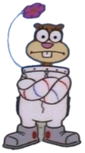 Sandy Cheeks standing arms-crossed in her suit with a flat, annoyed frown sticker