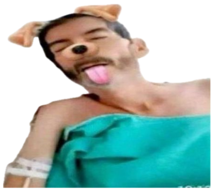 Hospital patient lying back with dog Snapchat filter, text 'Do i give a damn' sticker
