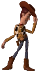 Woody from Toy Story strutting off while smugly tipping his hat sticker