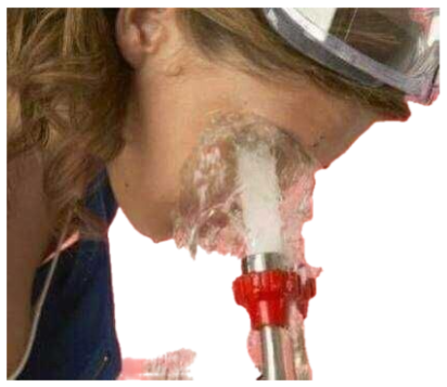 Woman leaning into a fire hose blasting water directly into her face at full pressure sticker