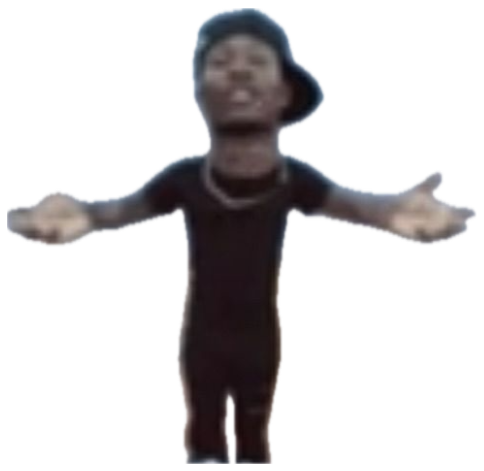 Man with arms spread wide and a big grin captioned 'greetings huzz' sticker
