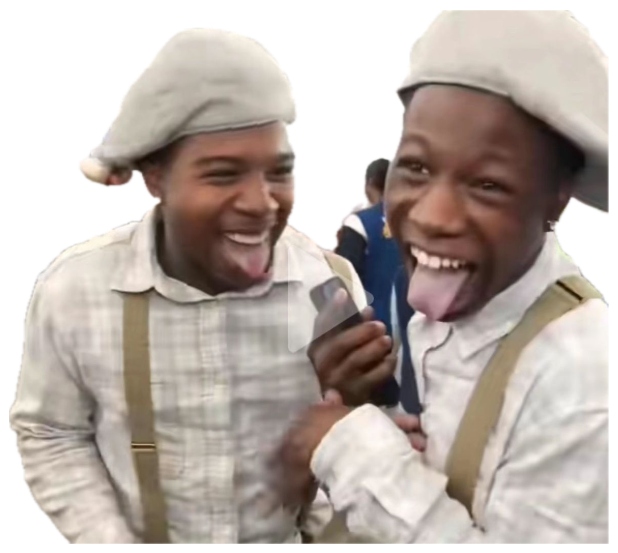 Two guys in matching berets cracking up with their tongues out in a supermarket aisle sticker