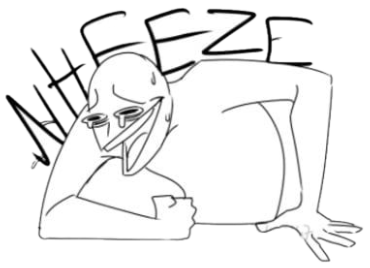 Sketchy cartoon figure doubled over laughing with the word 'WHEEZE' above it sticker