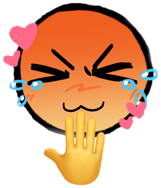 Orange emoji face squinting with tears and hearts floating around, hand raised — 'You're just so...cute ugh' sticker