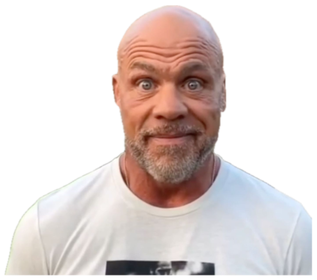 Bald man in a white tee outside a house with a wide-eyed startled look sticker