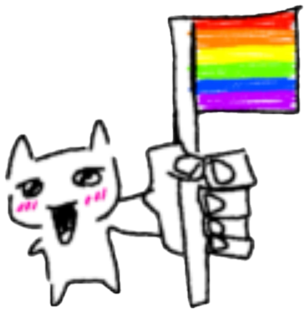 Simple white cartoon cat waving a rainbow pride flag with a big happy grin sticker