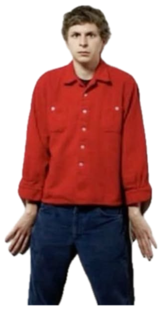 Guy in a red shirt standing stiffly against a wall, captioned 'woah mamasita' sticker