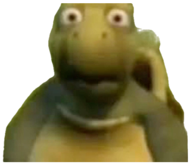 Grainy CGI turtle staring wide-eyed straight at the camera in shock sticker