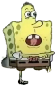 SpongeBob looking alarmed with a big caption 'AVOID HIM' and an arrow pointing at him sticker