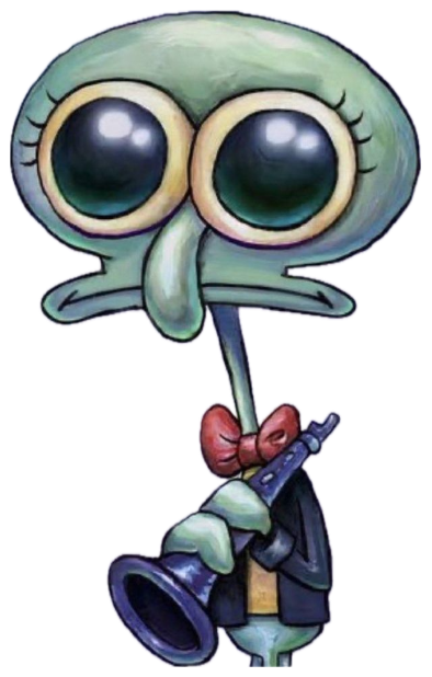 Squidward painted in a formal portrait, deadpan and holding a tommy gun sticker