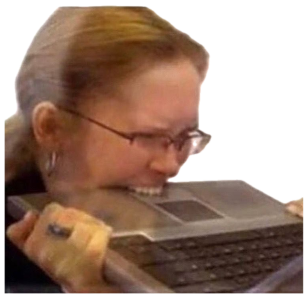 Woman in glasses biting down on a laptop in pure frustration as it smokes sticker