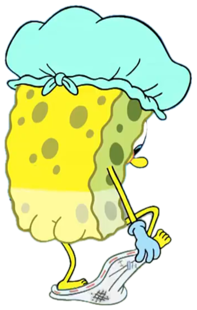 SpongeBob in a shower cap lazily dragging a mop across the floor sticker