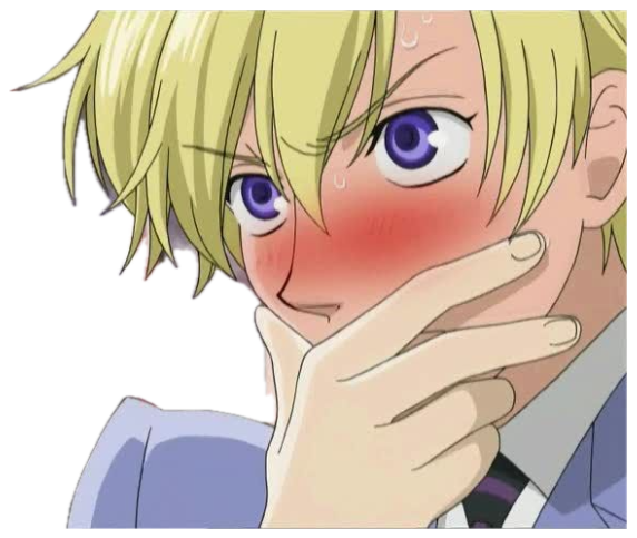 Anime character with blonde hair blushing and covering their mouth in flustered shock sticker