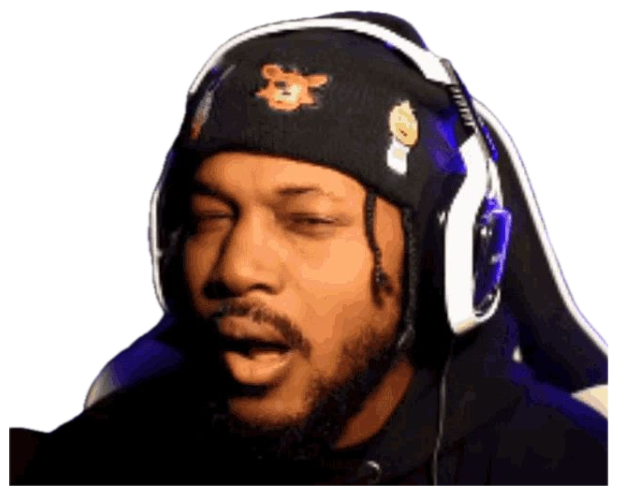 Streamer in a beanie and headset with eyes half shut, completely over it sticker