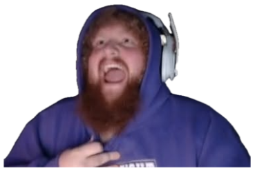 Big bearded gamer in a blue hoodie screaming at his setup with mouth wide open sticker