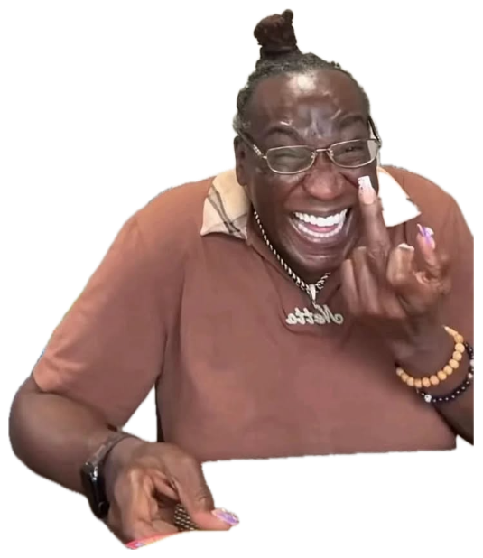 Man laughing loudly with a big grin, pointing playfully at the camera sticker