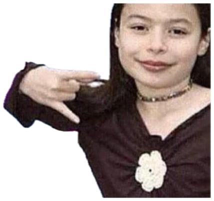 Girl smirking as she points at a glittery rainbow 'BELIEVE IN YOURSELF!' graphic sticker